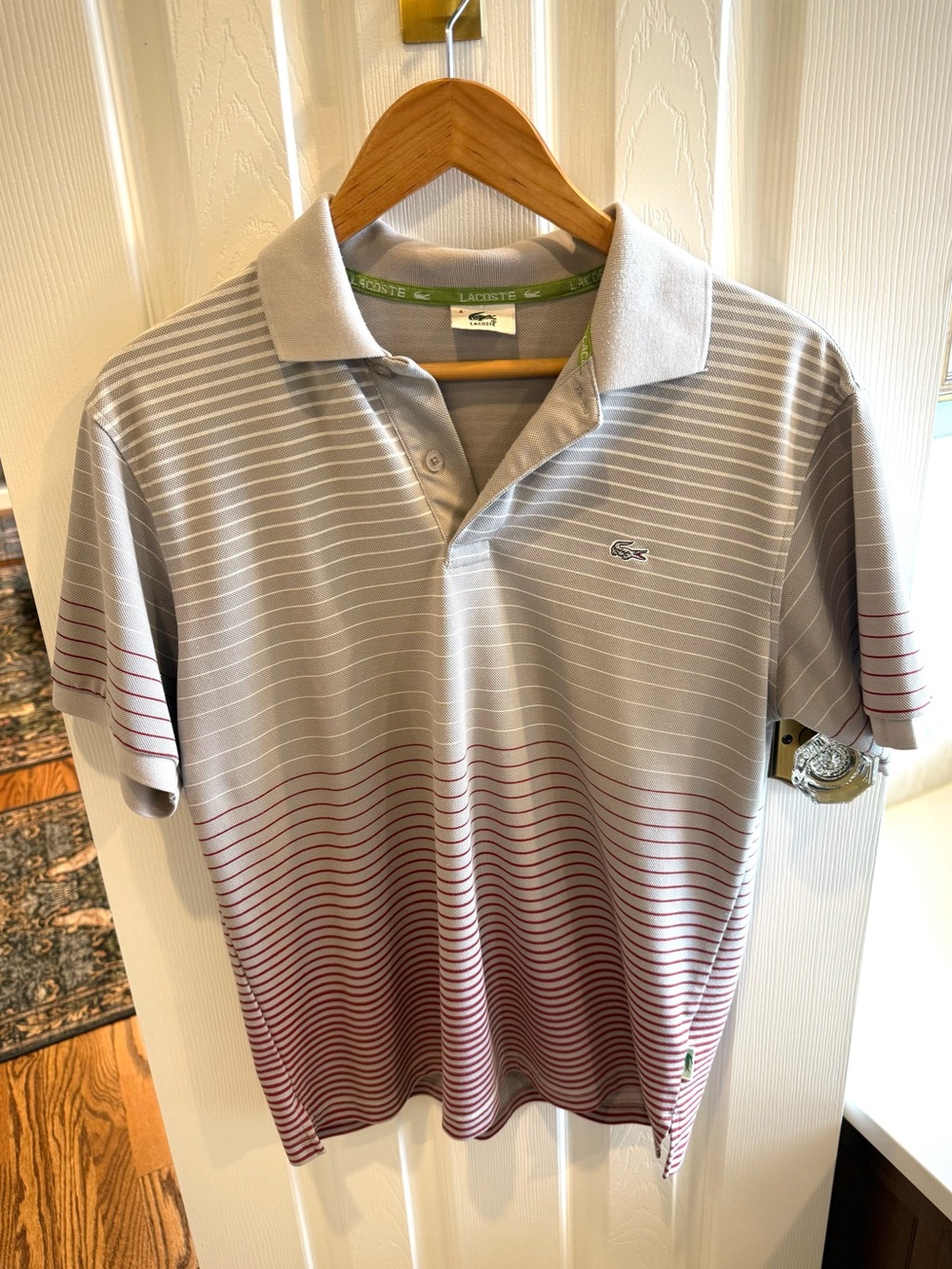 Lacoste Men’s Gray & Burgundy Stripe Cotton Polo Shirt